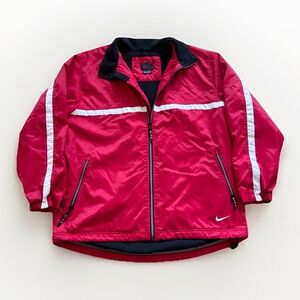 Vintage Nike‎ Jacket Mens L Red Full Zip Swoosh Logo Y2k Bomber Fleece Lined